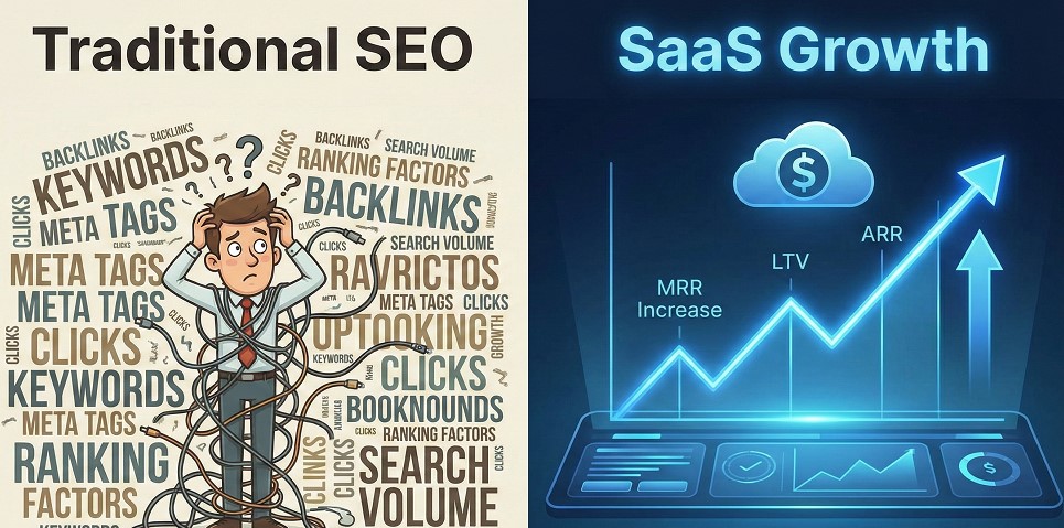 The Ultimate Guide to SaaS SEO: Scaling ARR from $0 to $10M 3 Left Chaotic Traditional SEO keywords. Right A clean, glowing blue line graph labeled SaaS Growth showing MRR increase.